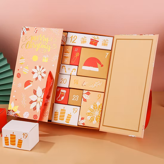 Individuelles Design, leerer 24-Tage-Adventskalender, Ramadan-Countdown, blindes Geschenk, Schokolade, Süßigkeiten, Spielzeug, Schmuck, Kerze, FSC-Papier, Lebensmittel-Geschenkverpackung